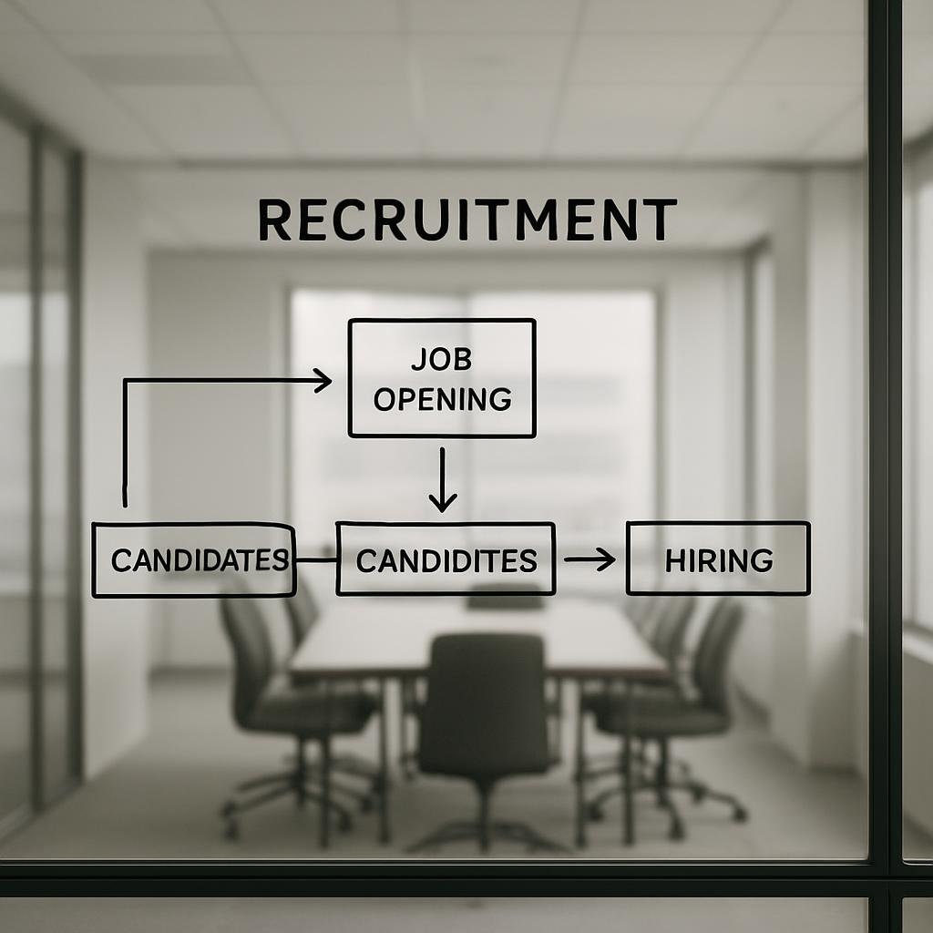 A clearly blurred image of a boardroom, with a glass wall featuring the word "RECRUITMENT" in black font. Additionally, in...