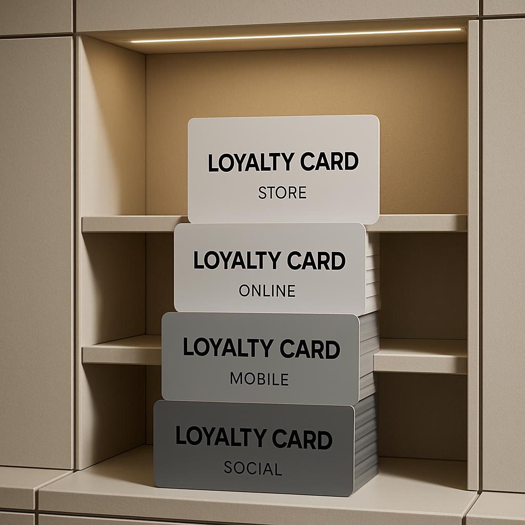 Three stacks of loyalty cards; store, online, mobile, and social.