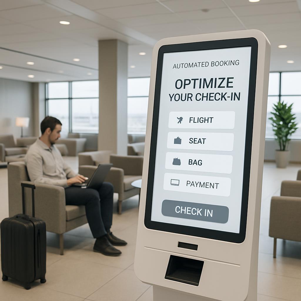 An automated booking kiosk, which helps passengers check-in, select seats, and make payments.
