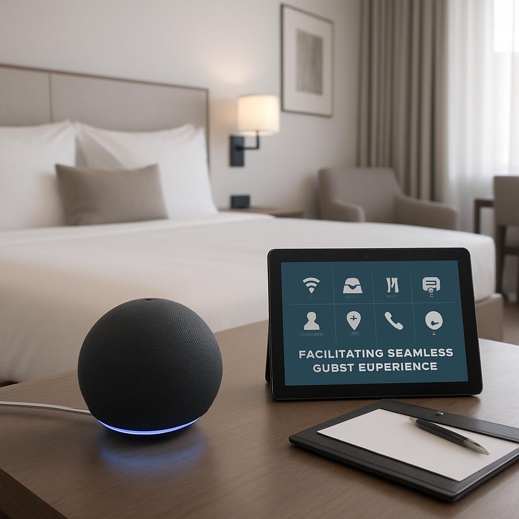 A tablet scanning of hotel room and demonstrates various features a voice assistant can provide.