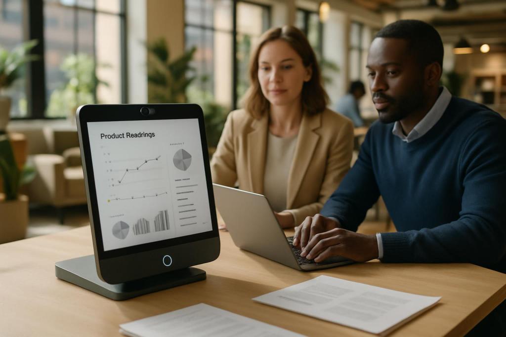 Man and woman looking at a tablet displaying a "Product Readings" graph while sitting at a table in a workplace setting.