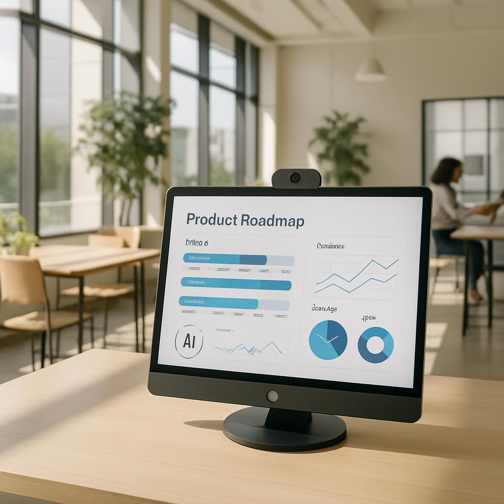 computer screen displaying product roadmap with blurred office background.