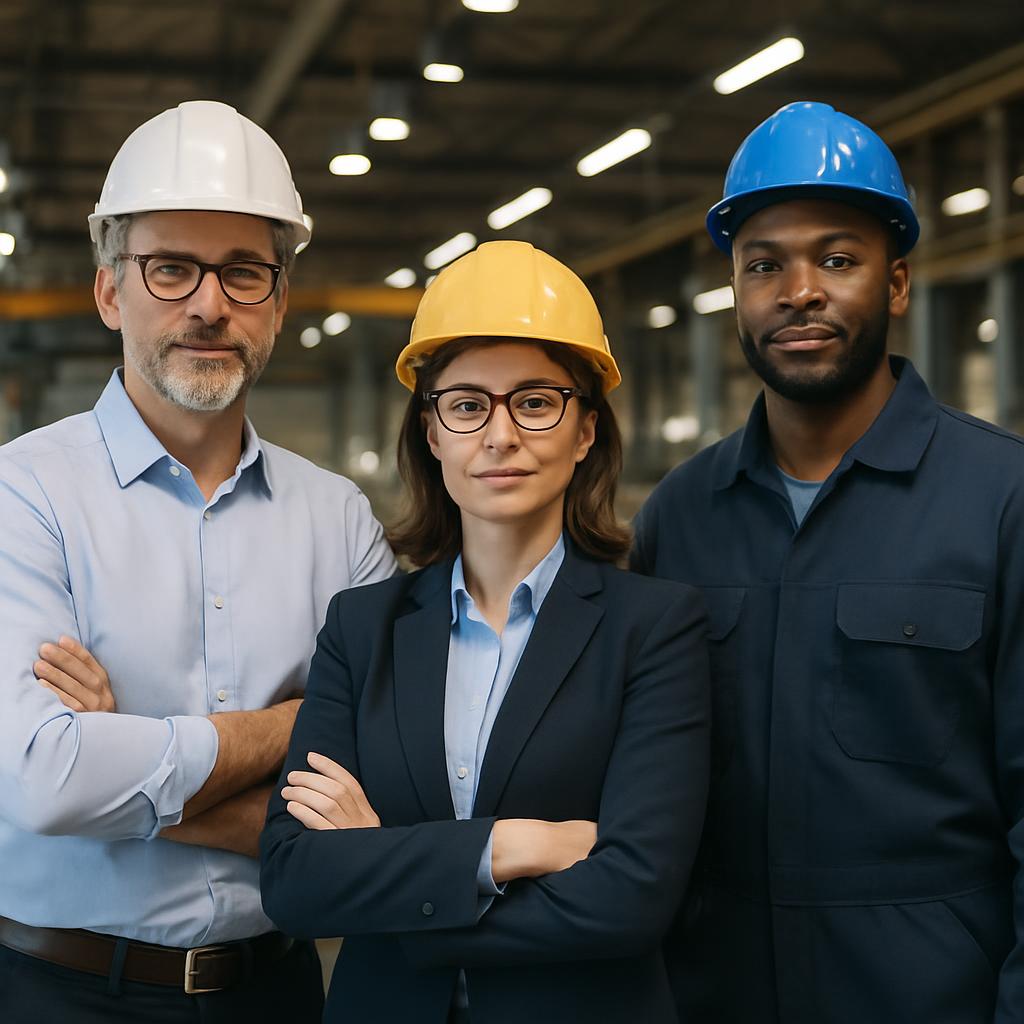 Three diverse individuals in work attire and hard hats pose in a warehouse setting.
