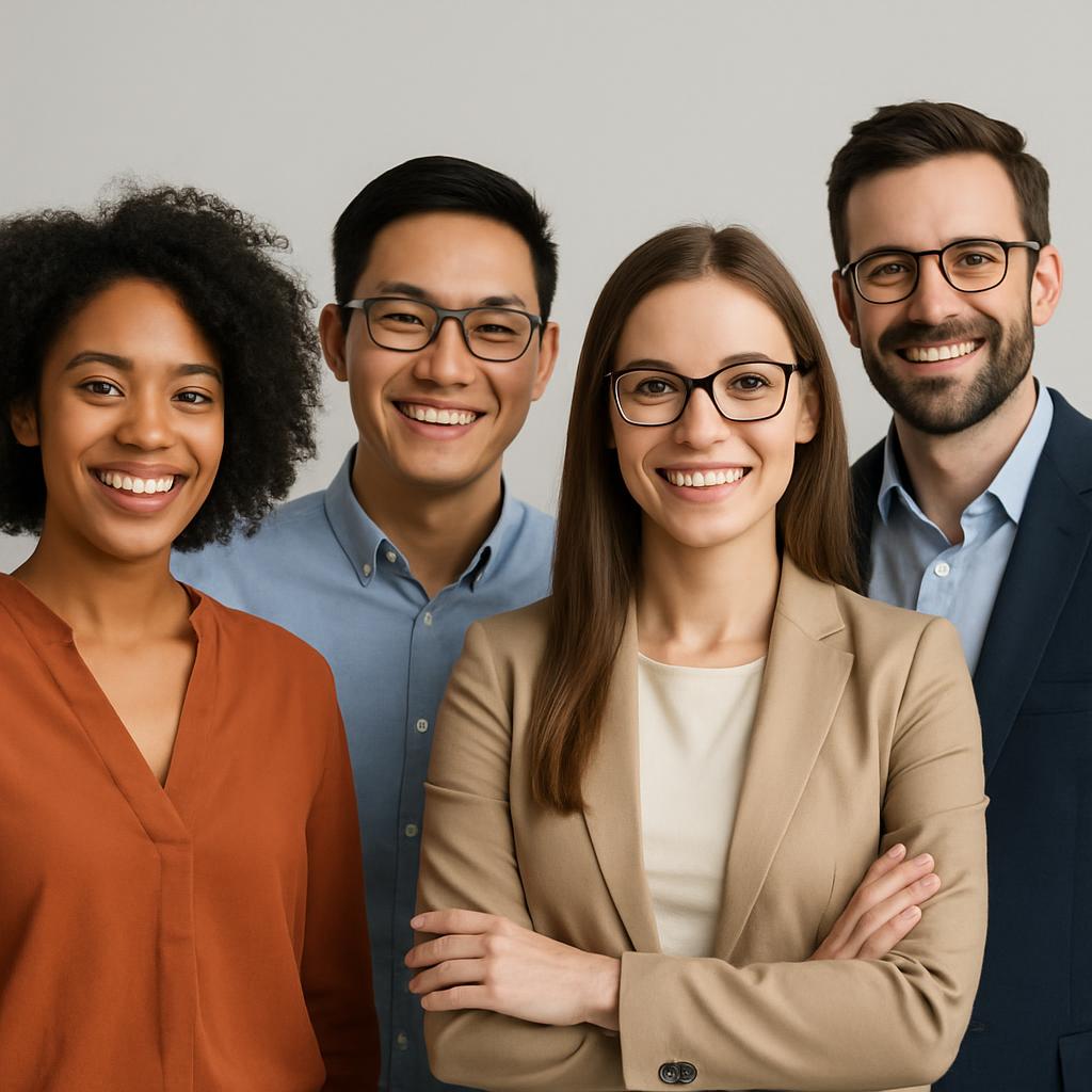 Four people in professional attire smiling at the camera.